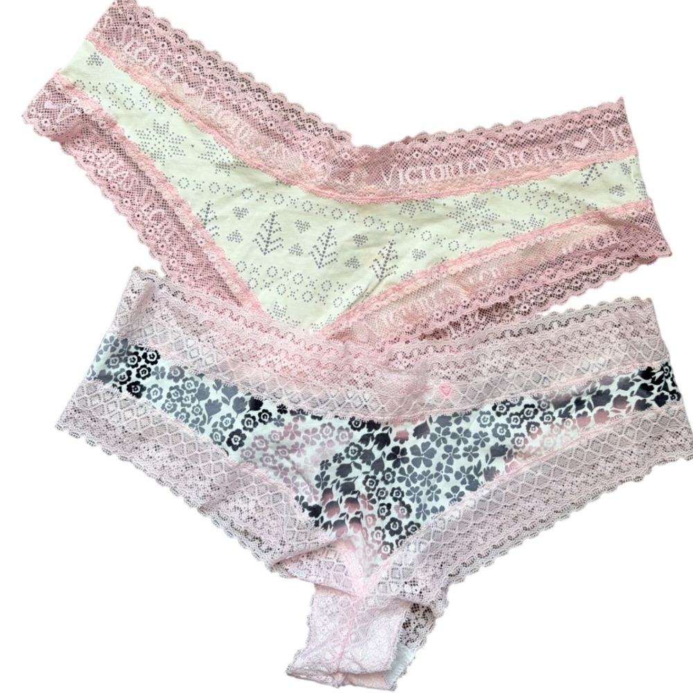 Victoria's Secret Cotton Lingerie Lace Trim Bikini Panties 2pk Pink Floral L